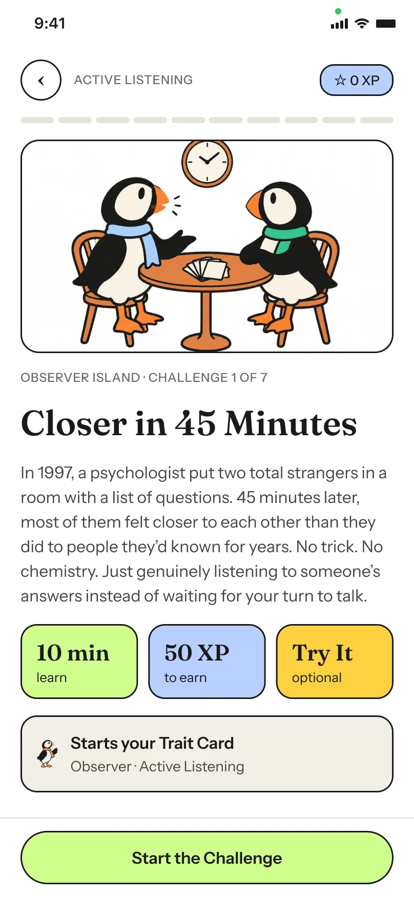 A Challenge opening in the Nextreks app: Closer in 45 Minutes, the first Challenge on Observer Island.